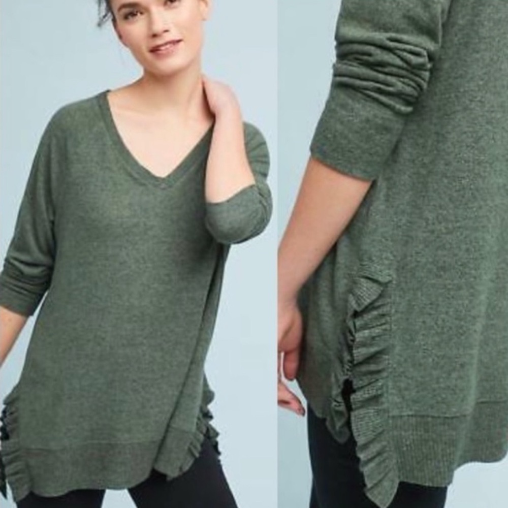 Anthropologie Postmark Y2K Ruffle Hem Pullover Sweater V-Neck Green